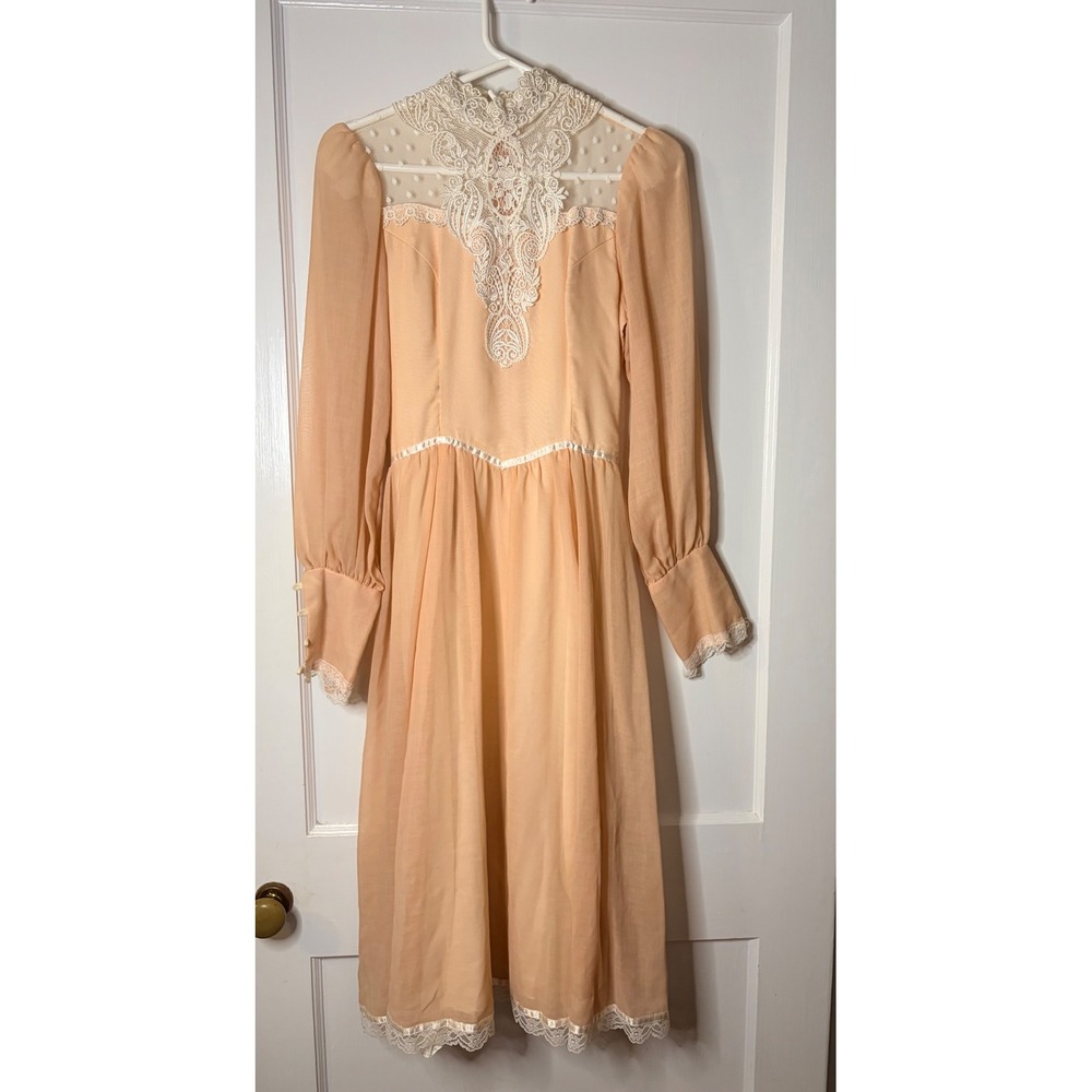 Vintage Gunne Sax Jessica McClintock Peach Lace Victorian Midi Dress Size 5